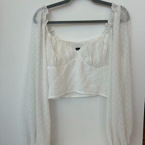 Pretty Little Thing White Dobby Mesh Cup Detail Long Sleeve Crop Top